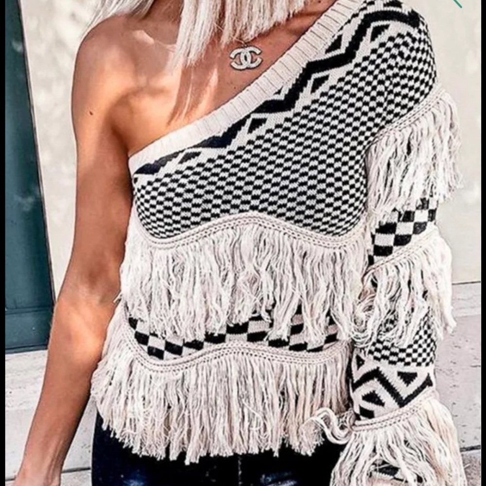 Michael Kors Off-the-Shoulder Black and Cream Sweater